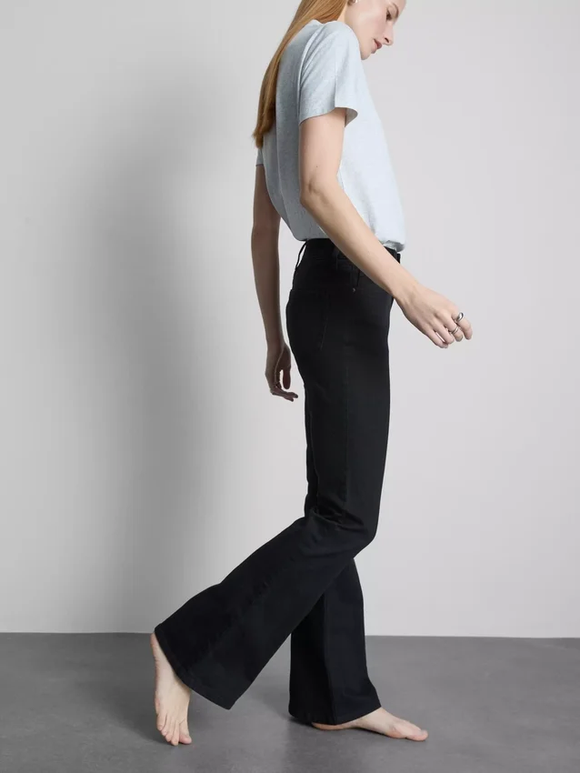 Jeans de ganga de algodão, cintura média e perna larga