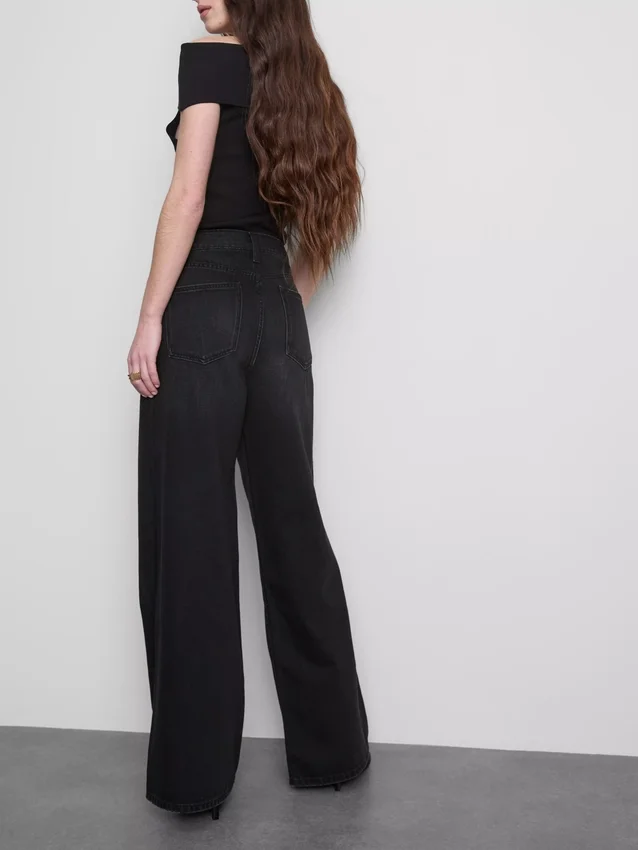Jeans de ganga de algodão, cintura média e perna larga
