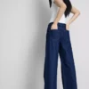 Jeans de ganga de algodão, cintura média e perna larga