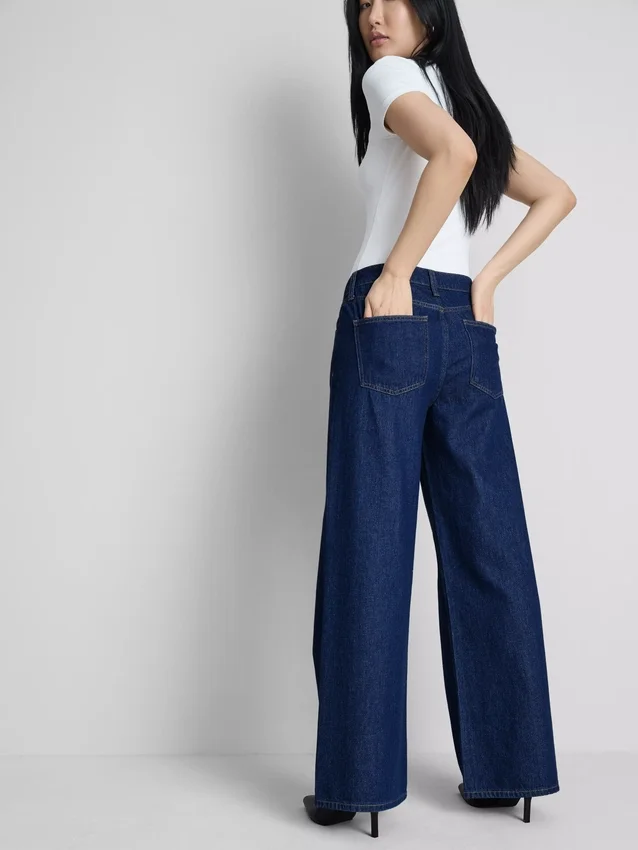 Jeans de ganga de algodão, cintura média e perna larga