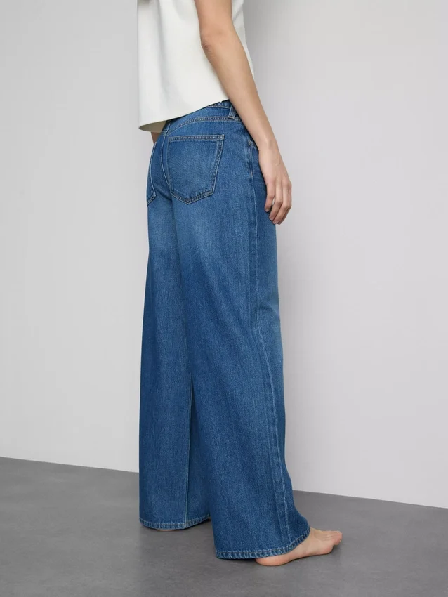 Jeans de ganga de algodão, cintura média e perna larga