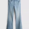 Jeans de ganga de algodão, cintura média e perna larga