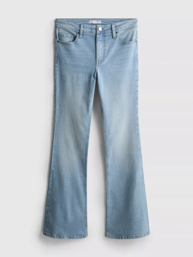 Jeans de ganga de algodão, cintura média e perna larga