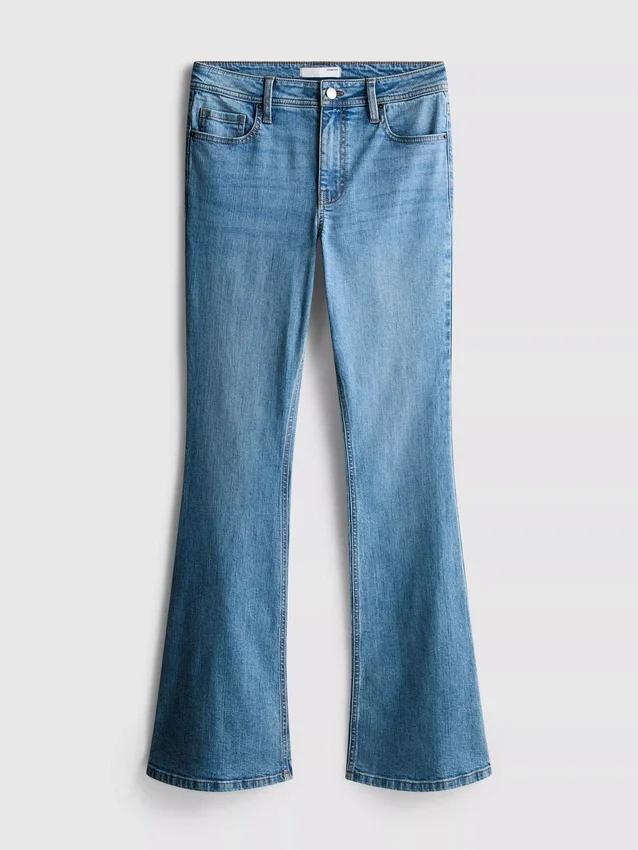 Jeans de ganga de algodão, cintura média e perna larga