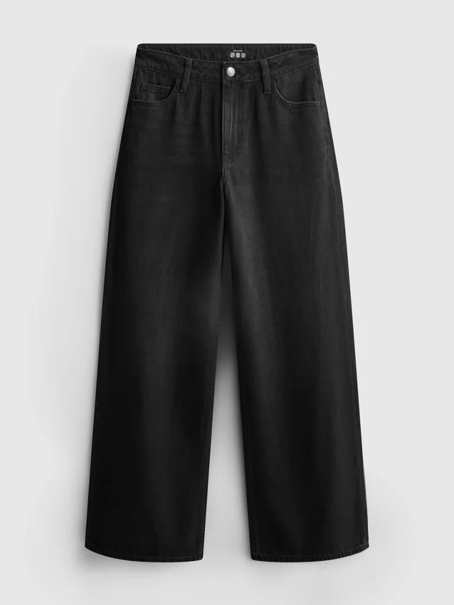 Jeans de ganga de algodão, cintura média e perna larga