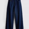 Jeans de ganga de algodão, cintura média e perna larga