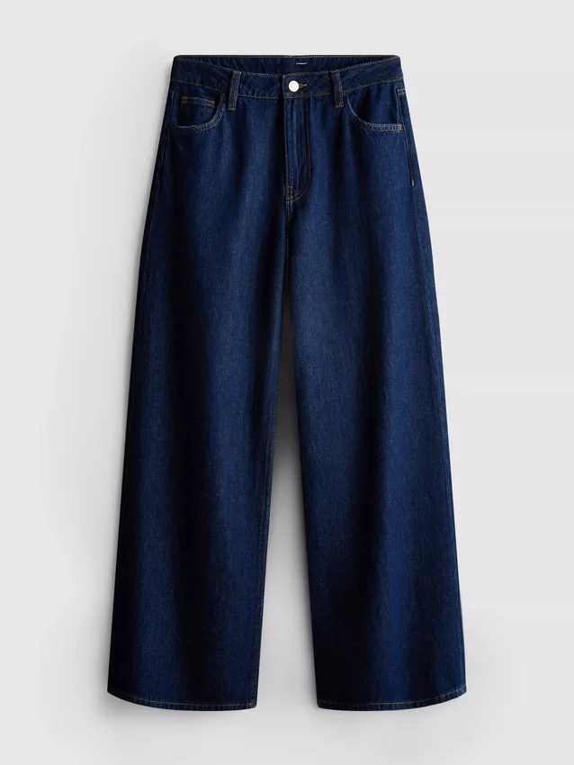 Jeans de ganga de algodão, cintura média e perna larga
