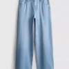 Jeans de ganga de algodão, cintura média e perna larga