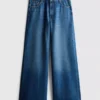 Jeans de ganga de algodão, cintura média e perna larga