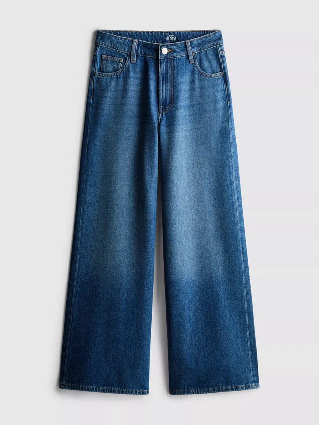 Jeans de ganga de algodão, cintura média e perna larga