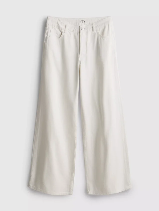 Jeans de ganga de algodão, cintura média e perna larga