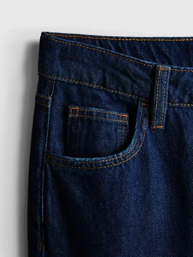 Jeans de ganga de algodão, cintura média e perna larga