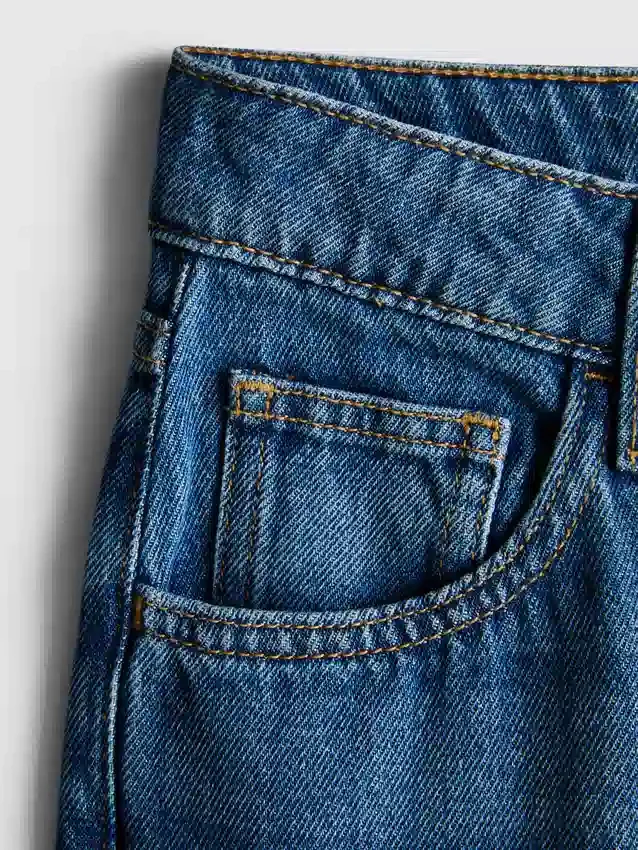 Jeans de ganga de algodão, cintura média e perna larga