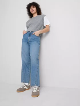 Jeans de ganga de algodão com perna reta e corte afunilado