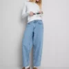 Jeans de ganga de algodão de cintura alta e corte afunilado