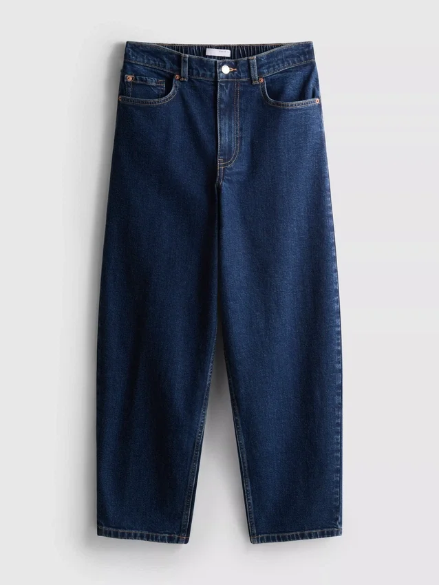 Jeans de ganga de algodão de cintura alta e corte afunilado