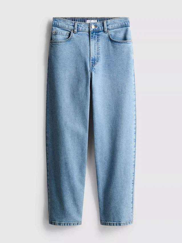 Jeans de ganga de algodão de cintura alta e corte afunilado