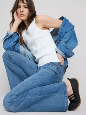 Jeans de ganga de algodão, de cintura média e perna larga