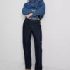 Jeans de ganga de algodão de cintura média e perna reta