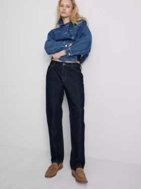Jeans de ganga de algodão de cintura média e perna reta