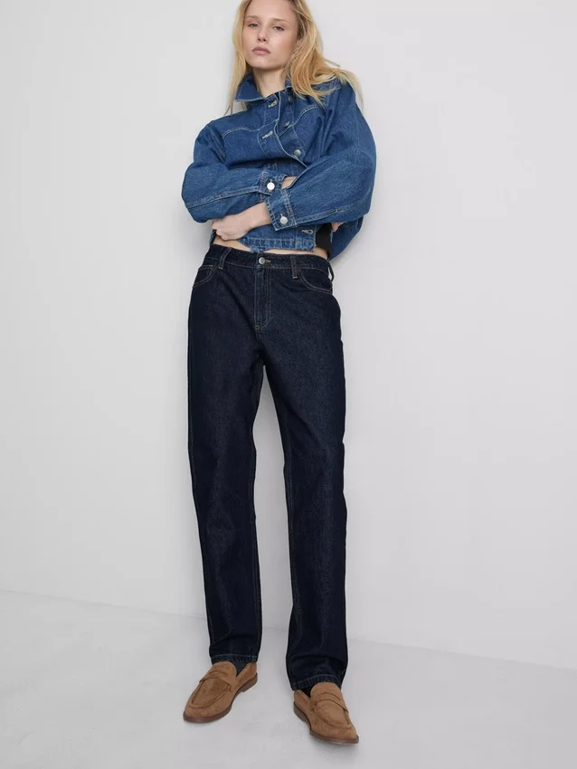 Jeans de ganga de algodão de cintura média e perna reta