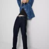 Jeans de ganga de algodão de cintura média e perna reta