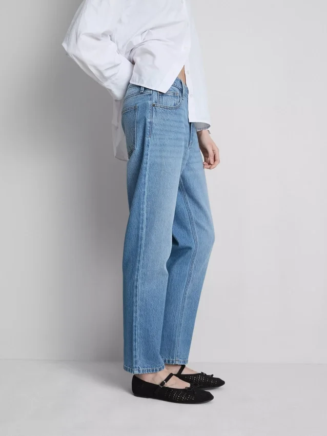 Jeans de ganga de algodão de cintura média e perna reta