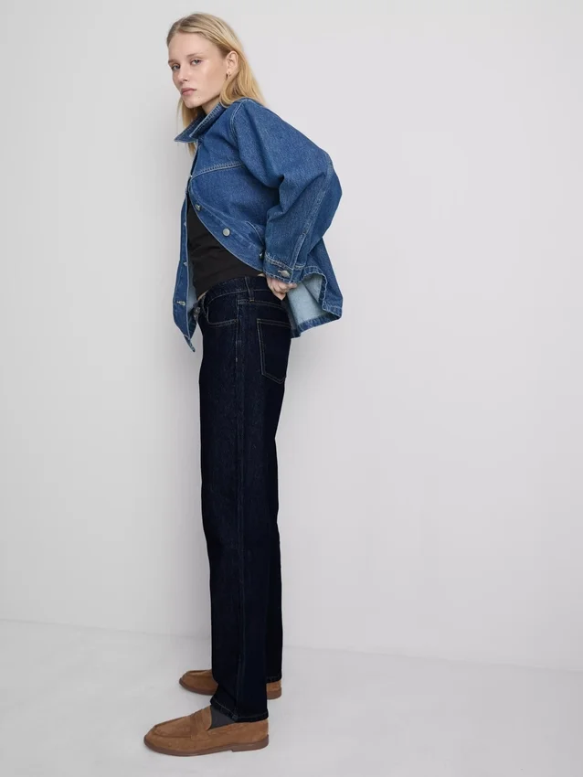 Jeans de ganga de algodão de cintura média e perna reta