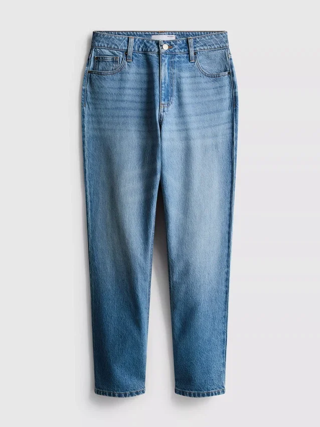 Jeans de ganga de algodão de cintura média e perna reta