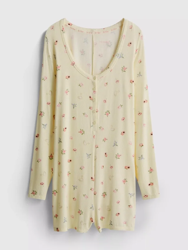 Macacão de dormir com canelado e estampado floral