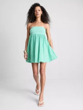 Mini-vestido bandeau em xadrez de algodão