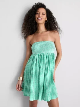 Mini-vestido bandeau em xadrez de algodão