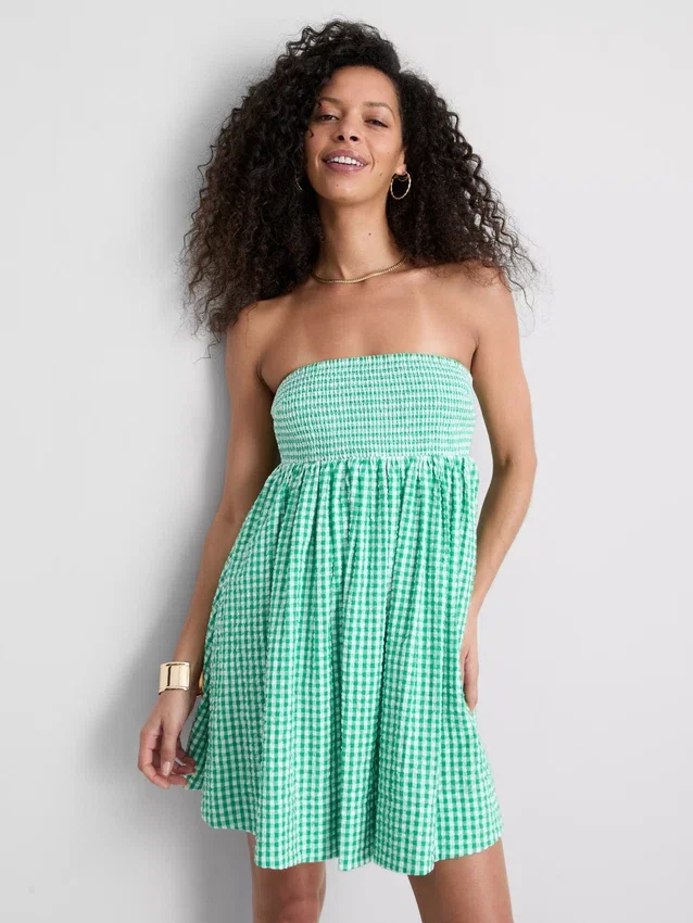 Mini-vestido bandeau em xadrez de algodão