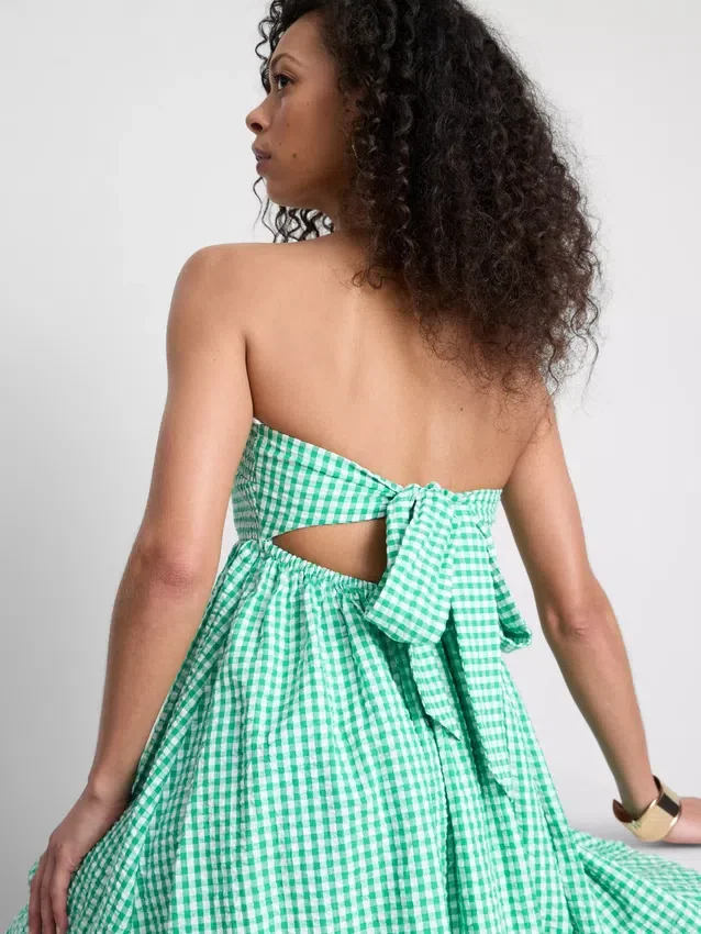 Mini-vestido bandeau em xadrez de algodão