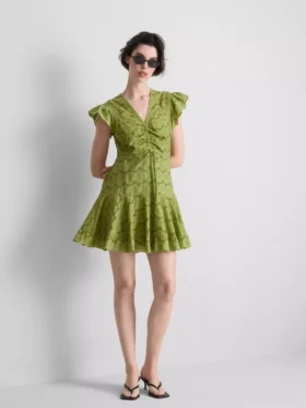 Mini-vestido de algodão com franzido e aberturas