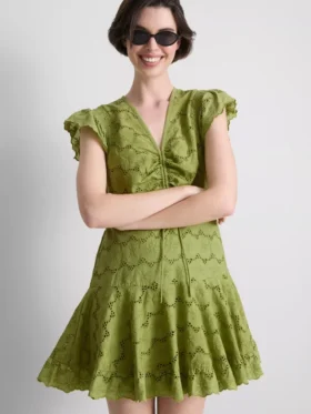 Mini-vestido de algodão com franzido e aberturas