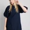 Mini-vestido de ganga de algodão com mangas bufantes