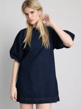 Mini-vestido de ganga de algodão com mangas bufantes