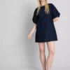 Mini-vestido de ganga de algodão com mangas bufantes