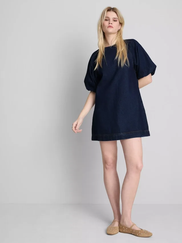 Mini-vestido de ganga de algodão com mangas bufantes