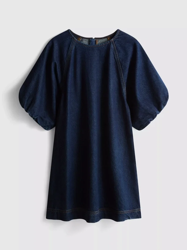 Mini-vestido de ganga de algodão com mangas bufantes
