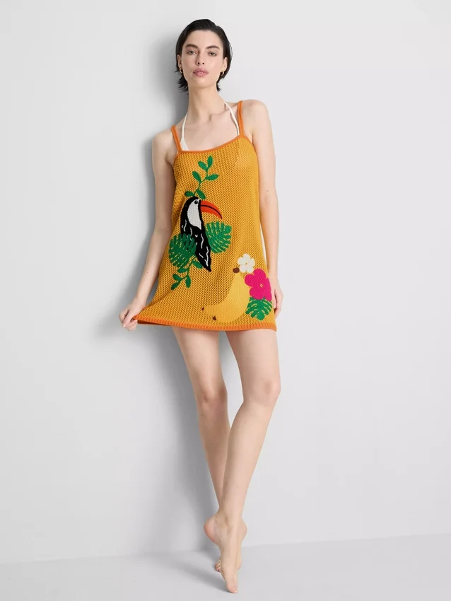 Mini-vestido de praia em croché bordado
