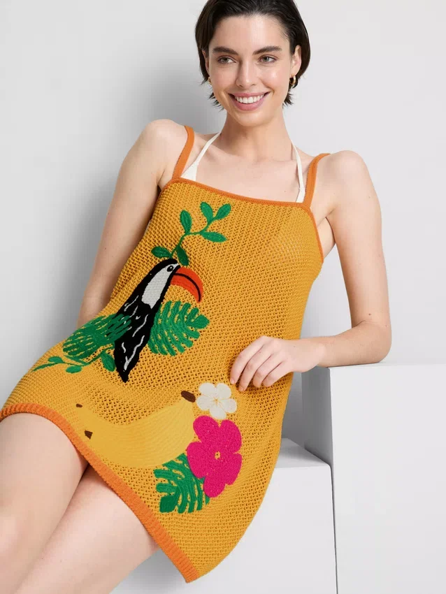 Mini-vestido de praia em croché bordado