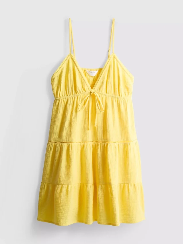 Mini-vestido em algodão com decote em V e camadas