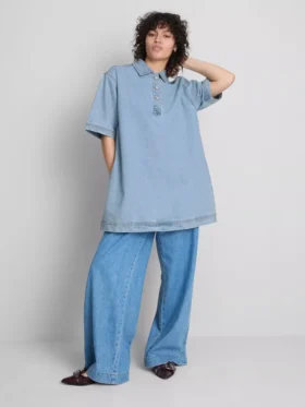 Mini-vestido reto de ganga de algodão com gola