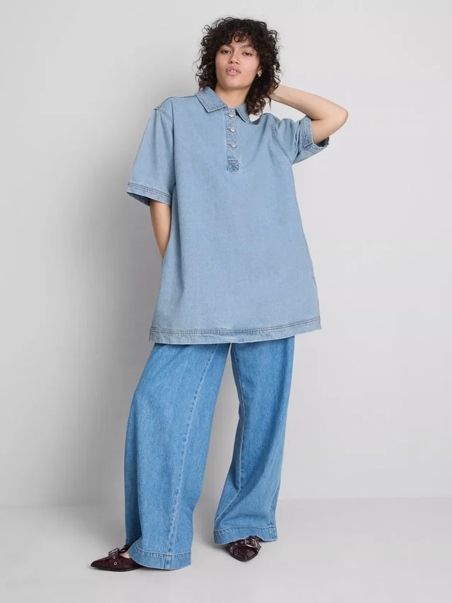 Mini-vestido reto de ganga de algodão com gola