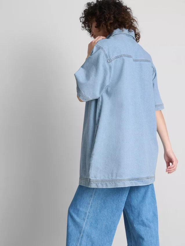 Mini-vestido reto de ganga de algodão com gola