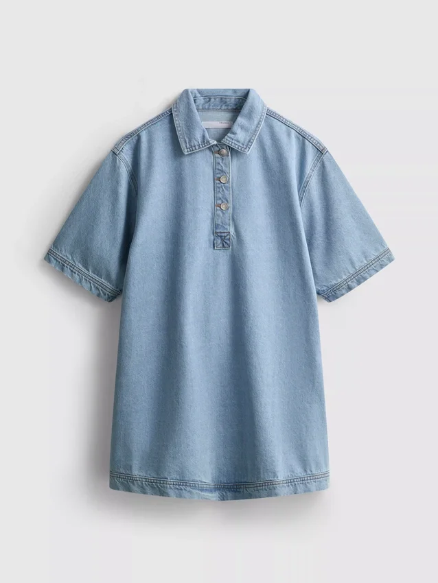 Mini-vestido reto de ganga de algodão com gola