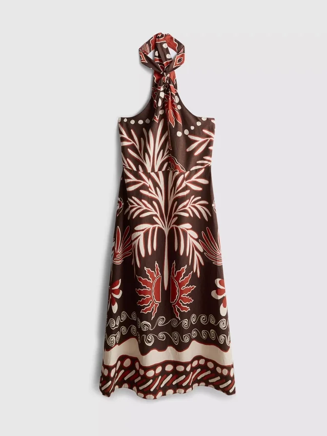 O vestido midi com decote halter estampado em mistura de linho da The Edit