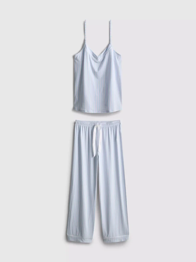 Pijamas com camisola de alças e laço em cetim estampado